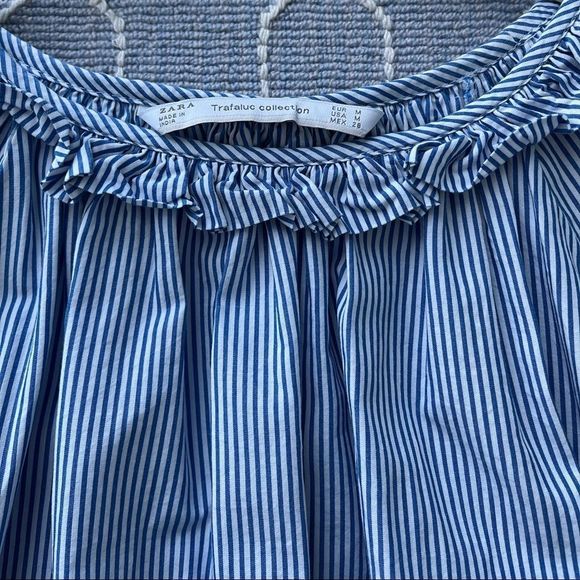 Zara Trafaluc Blue Striped Eyelet Embroidered Tie Sleeve Top Blouse Size M Boho - Picture 4 of 5